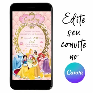 Convite Aniversário Digital Princesas 04 Personalizável pelo Canva