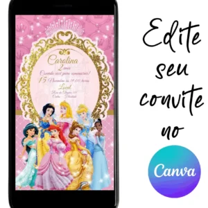 Convite Aniversário Digital Princesas 05 Personalizável pelo Canva