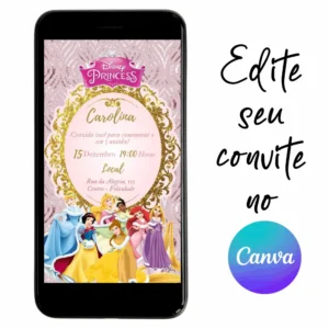 Convite Aniversário Digital Princesas 09 Personalizável pelo Canva