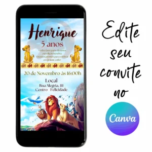 Convite Aniversário Digital Rei Leão 04 Personalizável pelo Canva