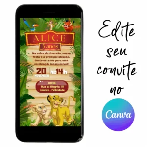 Convite Aniversário Digital Rei Leão 05 Personalizável pelo Canva