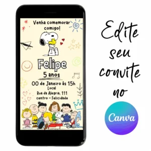 Convite Aniversário Snoopy 01 Personalizável pelo Canva