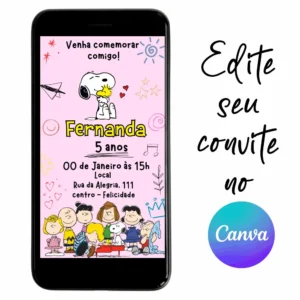 Convite Aniversário Snoopy 02 Personalizável pelo Canva