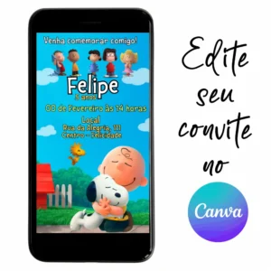 Convite Aniversário Snoopy 03 Personalizável pelo Canva