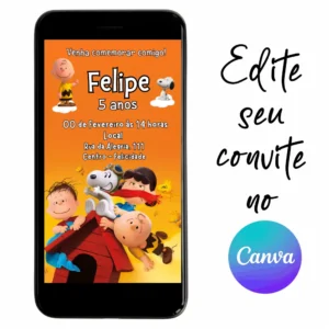 Convite Aniversário Snoopy 04 Personalizável pelo Canva
