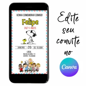 Convite Aniversário Snoopy 05 Personalizável pelo Canva