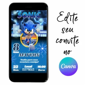 Convite Aniversário Digital Sonic 01 Personalizável pelo Canva