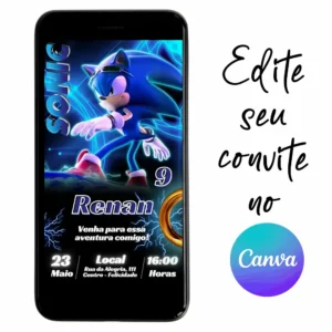 Convite Aniversário Digital Sonic 02 Personalizável pelo Canva