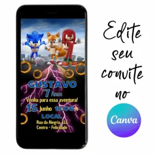 Convite Aniversário Digital Sonic 03 Personalizável pelo Canva