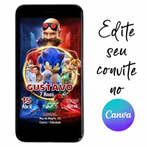 Convite Aniversário Digital Sonic 04 Personalizável pelo Canva