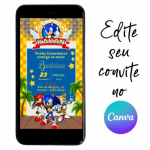 Convite Aniversário Digital Sonic 05 Personalizável pelo Canva