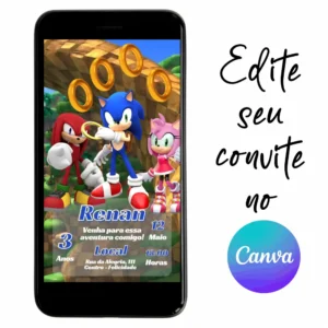 Convite Aniversário Digital Sonic 06 Personalizável pelo Canva