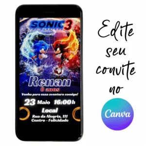 Convite Aniversário Digital Sonic 3 - Filme 08 Personalizável pelo Canva