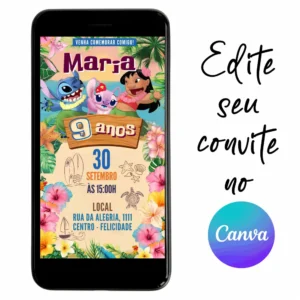 Convite Aniversário Digital Stitch, Angel e Lilo 01 Personalizável pelo Canva