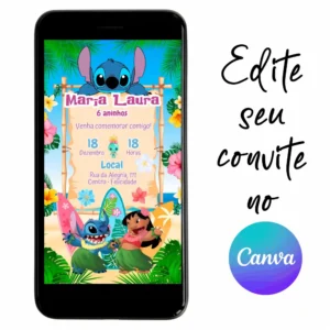 Convite Aniversário Digital Stitch e Lilo 02 Personalizável pelo Canva