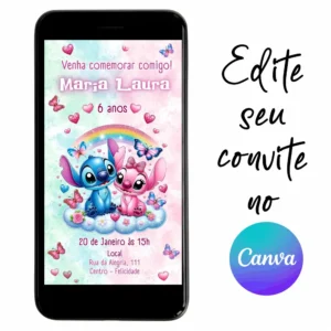 Convite Aniversário Digital Stitch e Angel 03 Personalizável pelo Canva