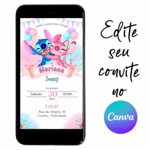 Convite Aniversário Digital Stitch e Angel 04 Personalizável pelo Canva
