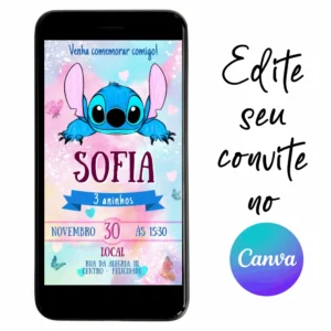 Convite Aniversário Digital Stitch 05 Personalizável pelo Canva