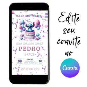 Convite Aniversário Digital Stitch 06 Personalizável pelo Canva