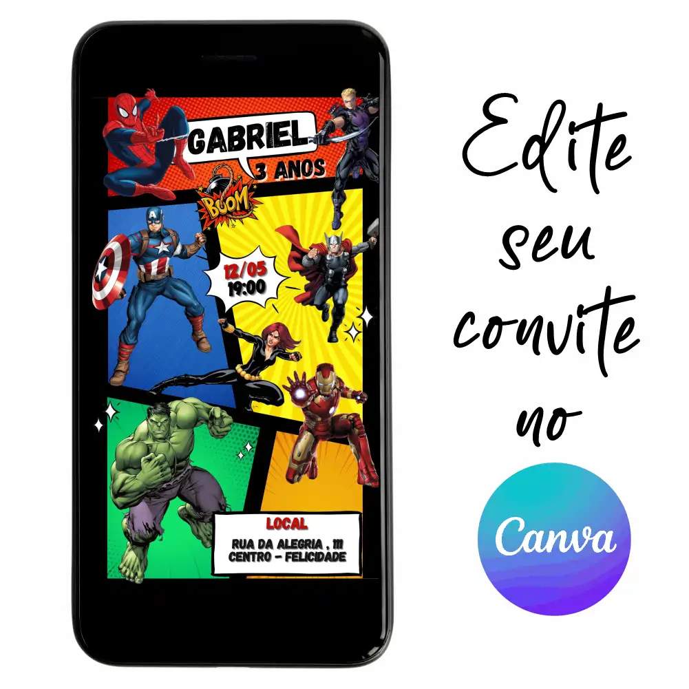 Super-Herois-01.webp Convite Aniversário Digital Vingadores 01 Personalizável pelo Canva