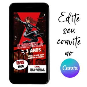 Convite Aniversário Digital Viúva Negra 08 Personalizável pelo Canva