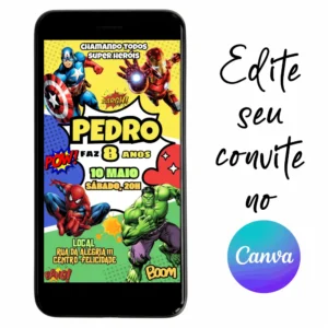 Convite Aniversário Digital Vingadores 09 Personalizável pelo Canva