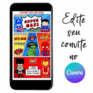 Convite Aniversário Digital Super Heróis Baby 10 Personalizável pelo Canva