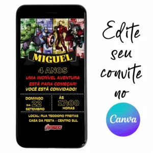 Convite Aniversário Digital Vingadores 11 Personalizável pelo Canva