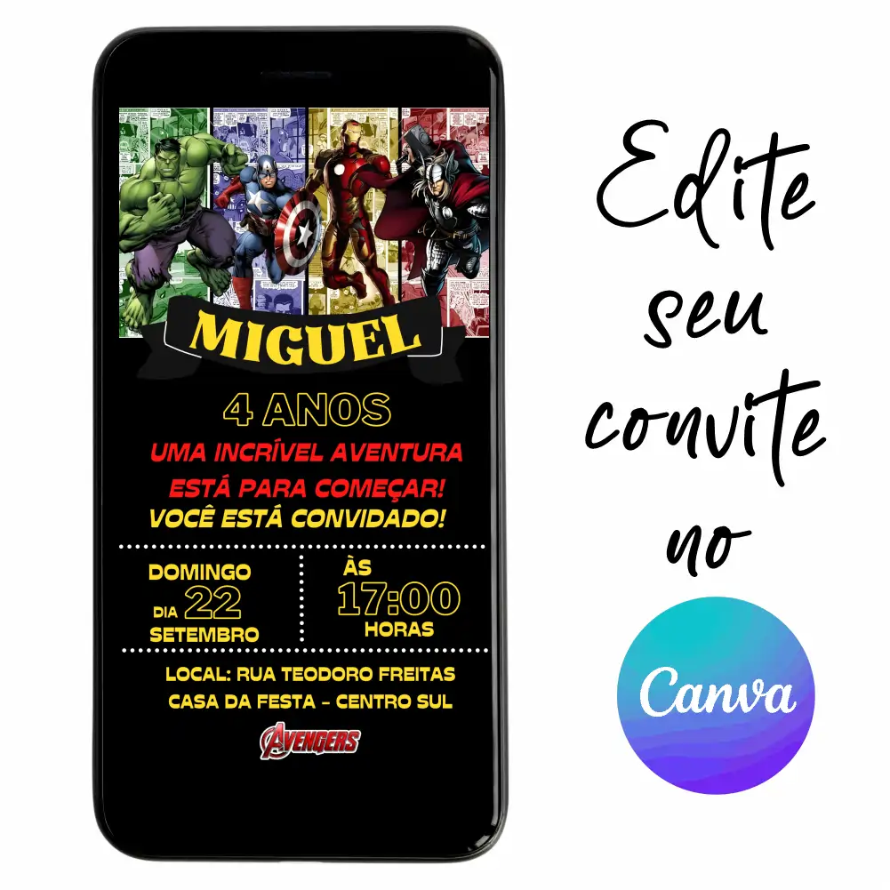 Super-Herois-11.webp Convite Aniversário Digital Vingadores 11 Personalizável pelo Canva