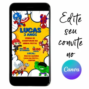 Convite Aniversário Digital Vingadores Baby 13 Personalizável pelo Canva