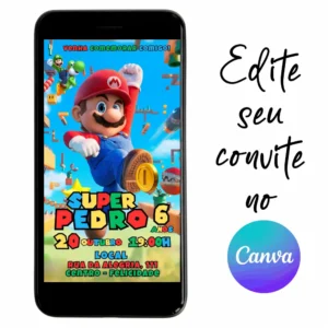 Convite Aniversário Digital Super Mario 01 Personalizável pelo Canva