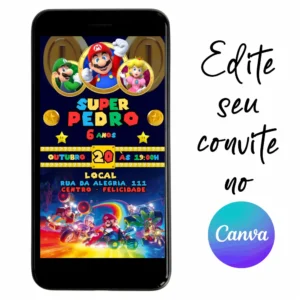 Convite Aniversário Digital Super Mario 02 Personalizável pelo Canva