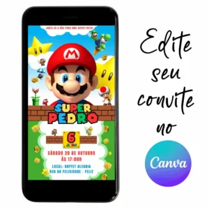 Convite Aniversário Digital Super Mario 03 Personalizável pelo Canva