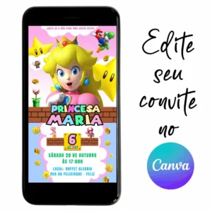 Convite Aniversário Digital Princesa Peach 04 Personalizável pelo Canva