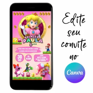 Convite Aniversário Digital Princesa Peach 05 Personalizável pelo Canva
