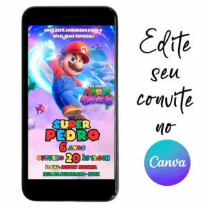 Convite Aniversário Digital Super Mario Galaxy - Filme 07 Personalizável pelo Canva