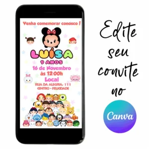 Convite Aniversário Digital Tsum Tsum 01 Personalizável pelo Canva