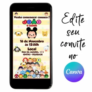 Convite Aniversário Digital Tsum Tsum 02 Personalizável pelo Canva