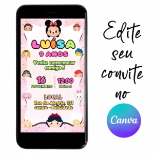 Convite Aniversário Digital Tsum Tsum 03 Personalizável pelo Canva