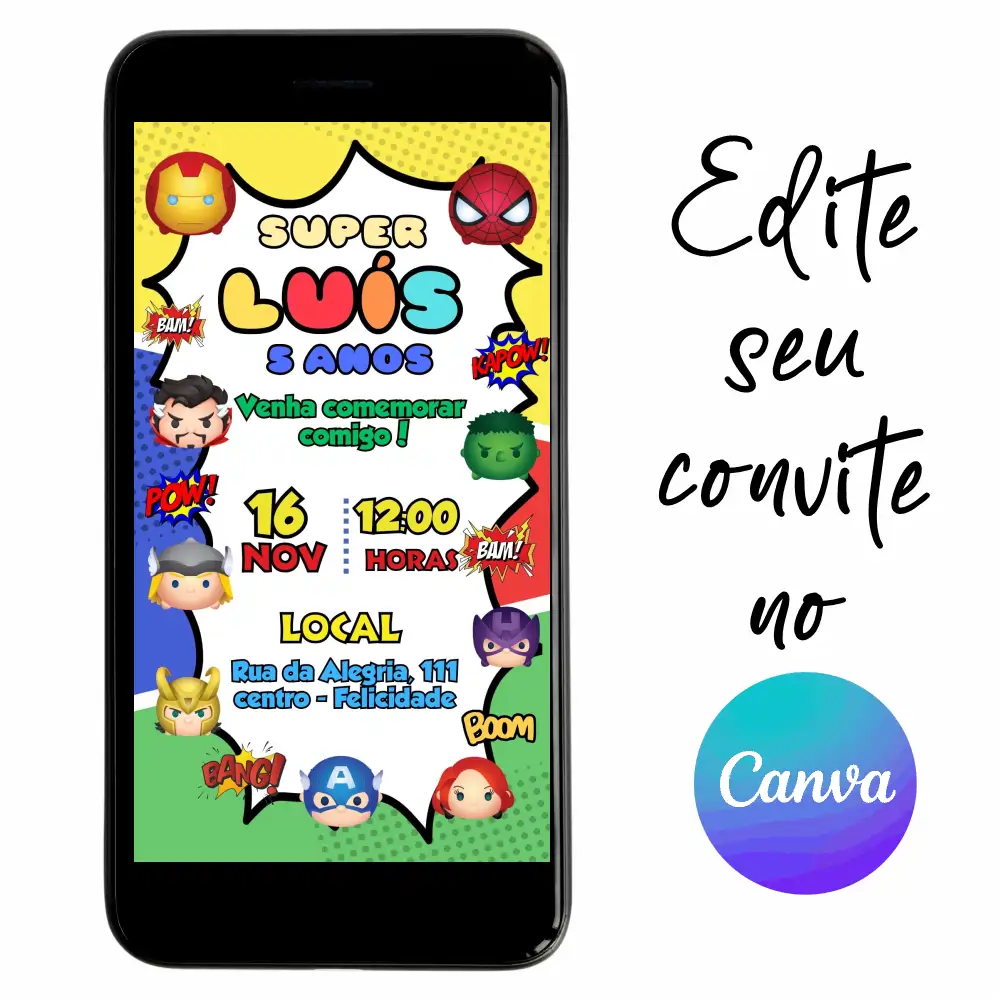 Tsum-Tsum-04.webp Convite Aniversário Digital Tsum Tsum 04 Vingadores Personalizável pelo Canva
