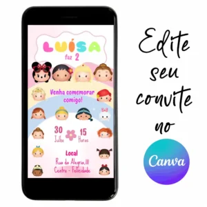 Convite Aniversário Digital Tsum Tsum 05 Personalizável pelo Canva