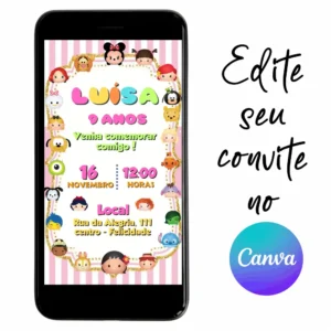 Convite Aniversário Digital Tsum Tsum 06 Personalizável pelo Canva