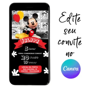 Convite Aniversário Digital Mickey 03 Personalizável pelo Canva