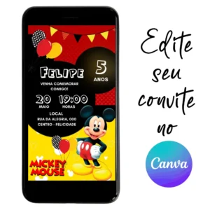 Convite Aniversário Digital Mickey 01 Personalizável pelo Canva